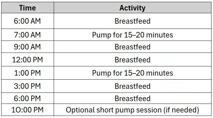 Sample Daily Routine: Nursing + Pumping Combo

This setup supports both feeding and building a small freezer stash. It’s especially helpful during growth spurts or if you’re trying to increase supply.